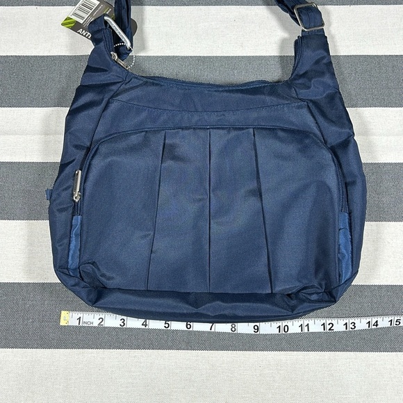 Travelon Womens Navy Blue Anti Theft Pleated Hobo Crossbody Bag RFID Travel - Picture 5 of 13